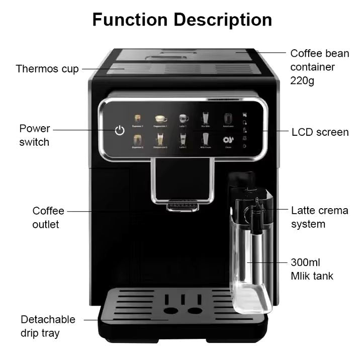 Compact Automatic Bean‑to‑Cup Espresso Machine with Milk Tank and One‑Touch Operation